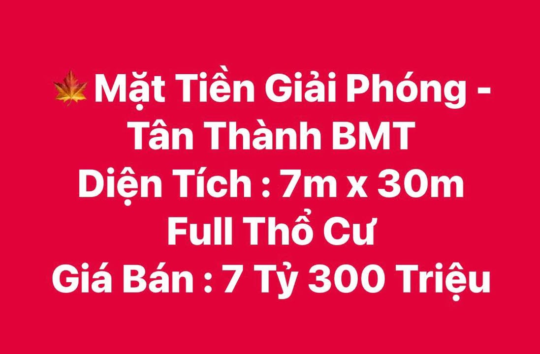 Mặt tiền kinh doanh Đường Giải Phóng, Buôn Ma Thuột 210m² giá 7.3 tỷ - Đầu tư sinh lời ngay!