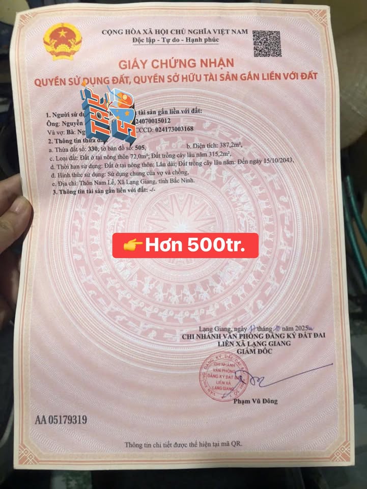 Đất nền Xương Lâm, Lạng Giang 400m² giá chỉ 500 triệu - Cơ hội đầu tư hấp dẫn!