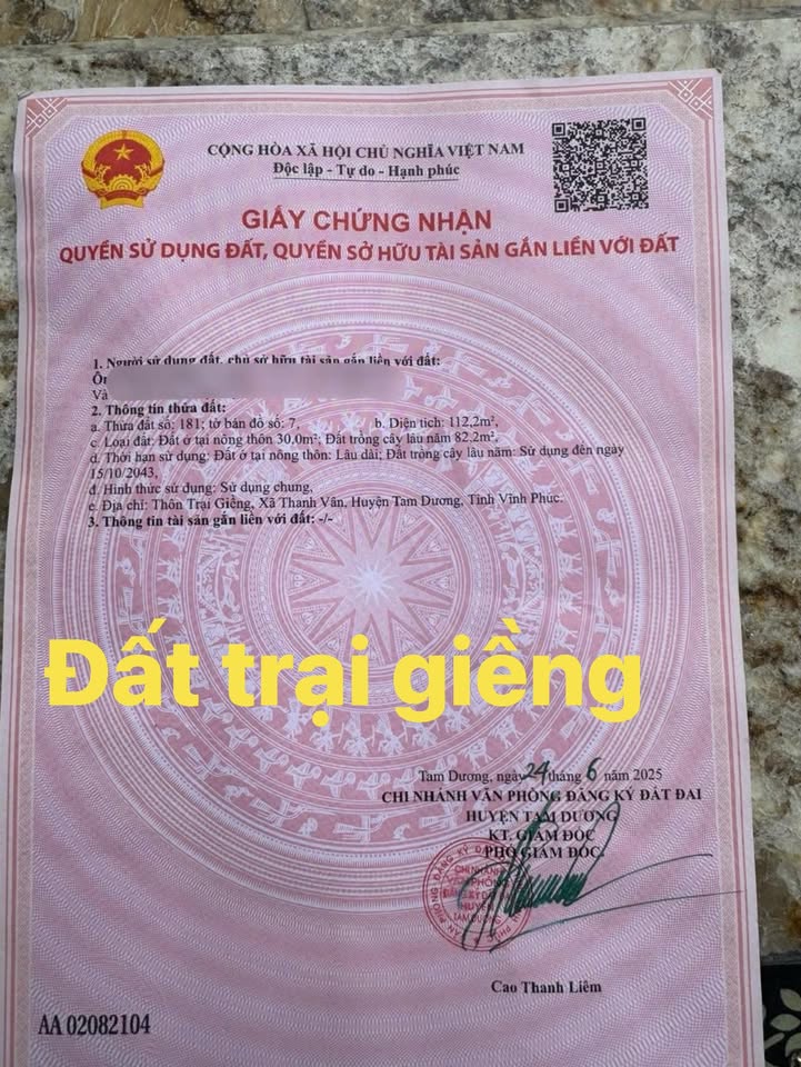 Đất thổ cư chính chủ tại thôn Trại Giềng, Tam Dương, 112m² - Giá tốt nhất khu vực!