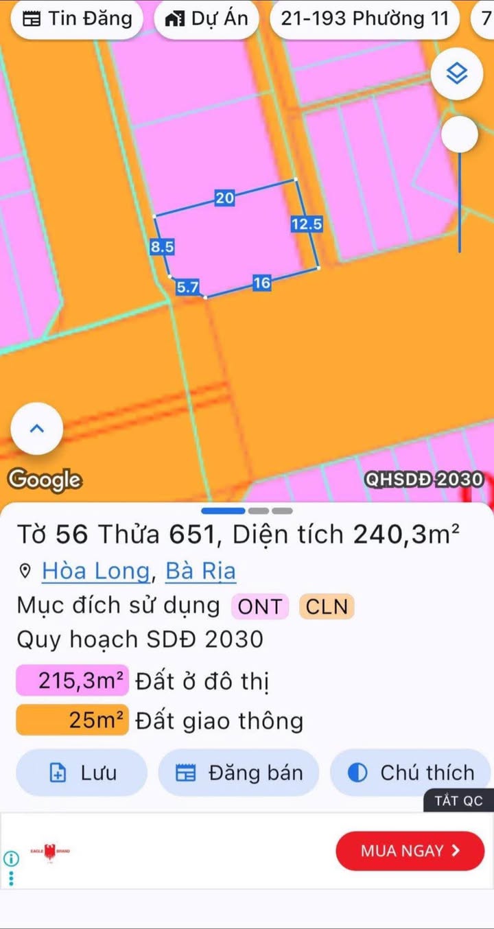 Bán lô biệt thự góc 2 mặt tiền khu Lan Anh 1, Bà Rịa - Vũng Tàu, 240m² chỉ 5.98 tỷ