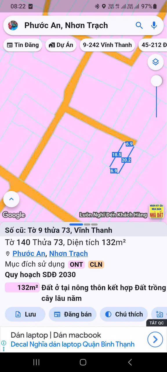 Đất nền xã Vĩnh Thanh, Nhơn Trạch 132m² giá 2.5 tỷ - Khu dân cư đông đúc!