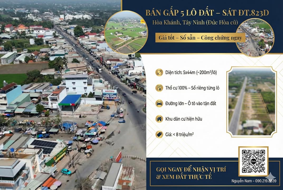 Đất thổ cư 220m² tại ĐT.823D, Hòa Khánh, Tây Ninh – Đầu tư an toàn, sinh lời cao!