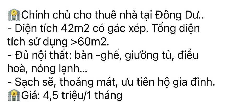Nhà cho thuê tại Đông Dư - Diện tích 42m² giá 4.5 triệu - Nội thất đầy đủ, sạch sẽ!