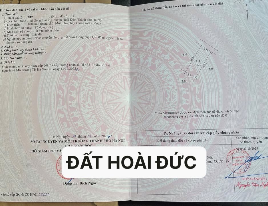 Đất thổ cư 100m² Xã Song Phương - Giá chỉ 7.7 tỷ - Đầu tư sinh lời cao!