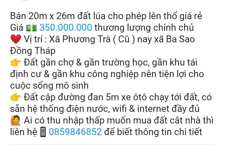 Đất lúa 520m² tại xã Nhị Mỹ, Huyện Cao Lãnh chỉ 350 triệu - Giá rẻ, chính chủ!