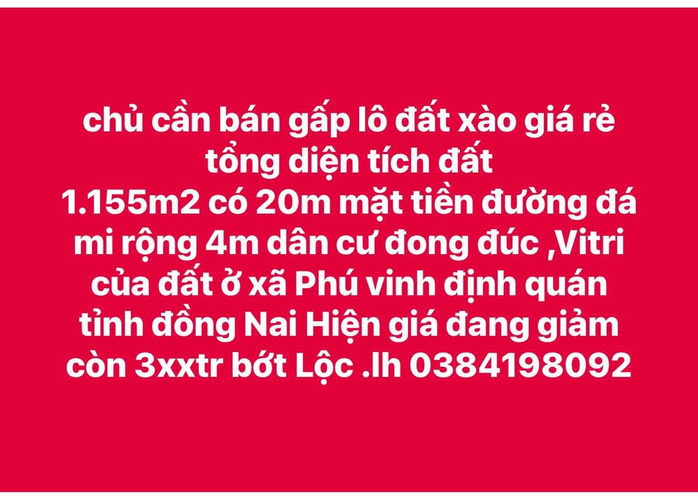 Lô đất Phú Vinh, Định Quán 1155m² giá chỉ 300 triệu - Cơ hội đầu tư tuyệt vời!