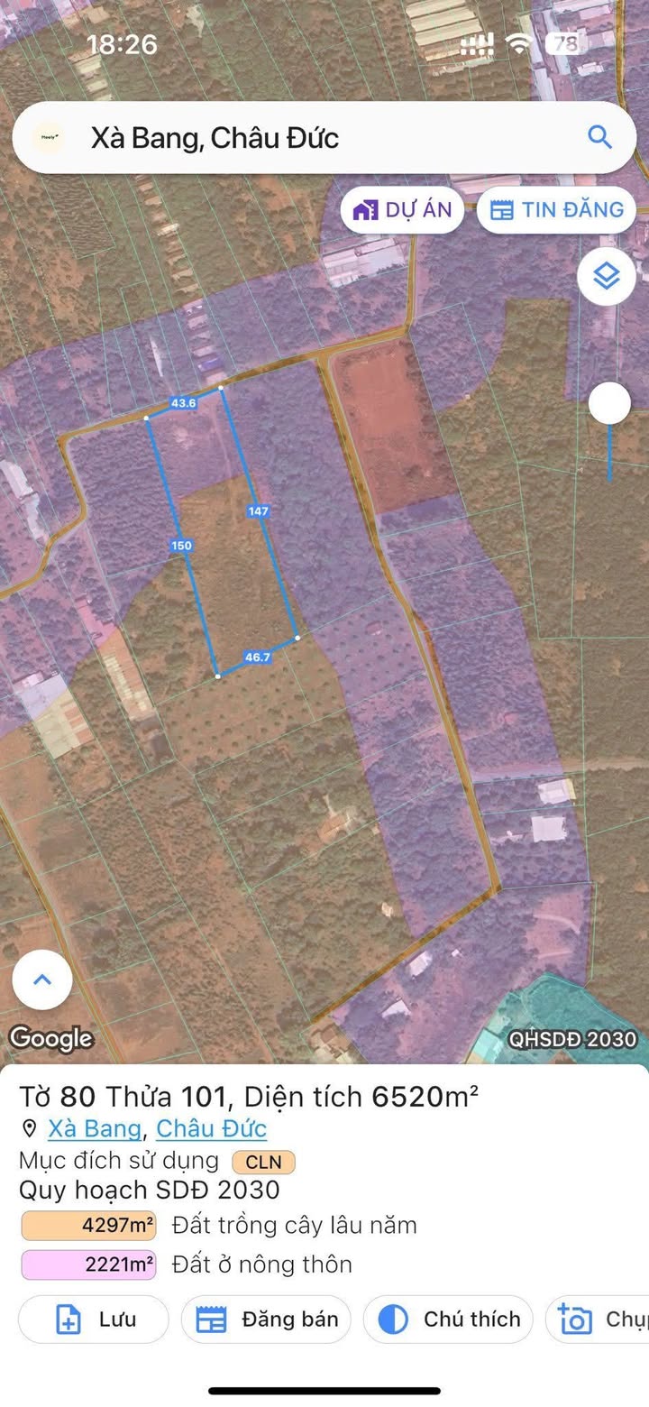 Đất nền Xã Xà Bang, Huyện Châu Đức, 6520m² - Mặt tiền đường nhựa 6m, giá tốt!