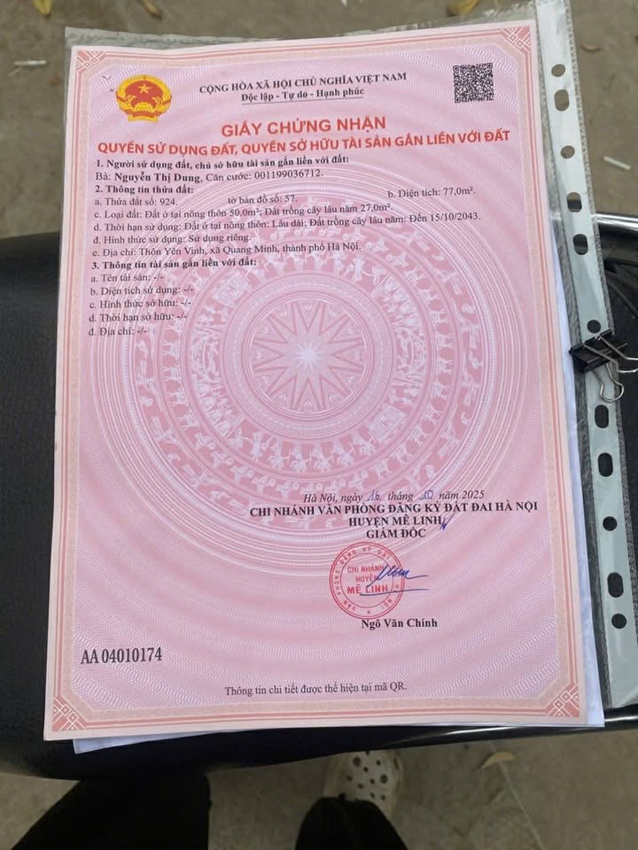 Đất nền chính chủ tại Thôn Yên Vinh, Huyện Mê Linh, 77m² giá 5.319 tỷ - Tiềm năng tăng giá cao!