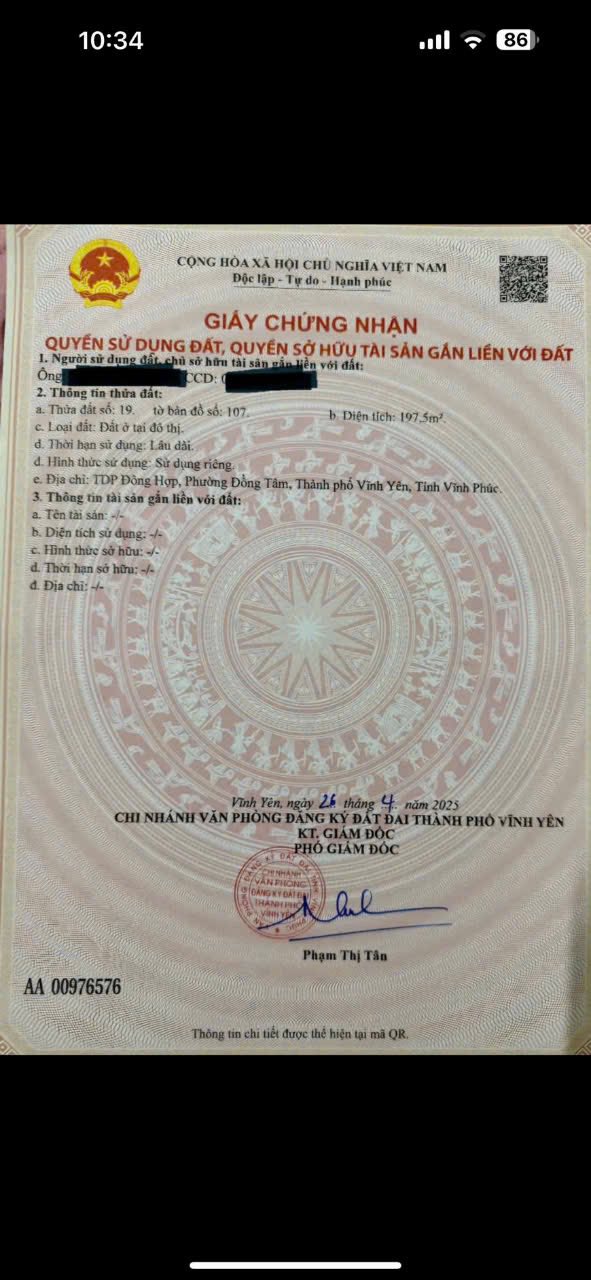 Đất nền đường Lam Sơn, Vĩnh Yên 197m² giá 3.94 tỷ - Sổ đỏ chính chủ