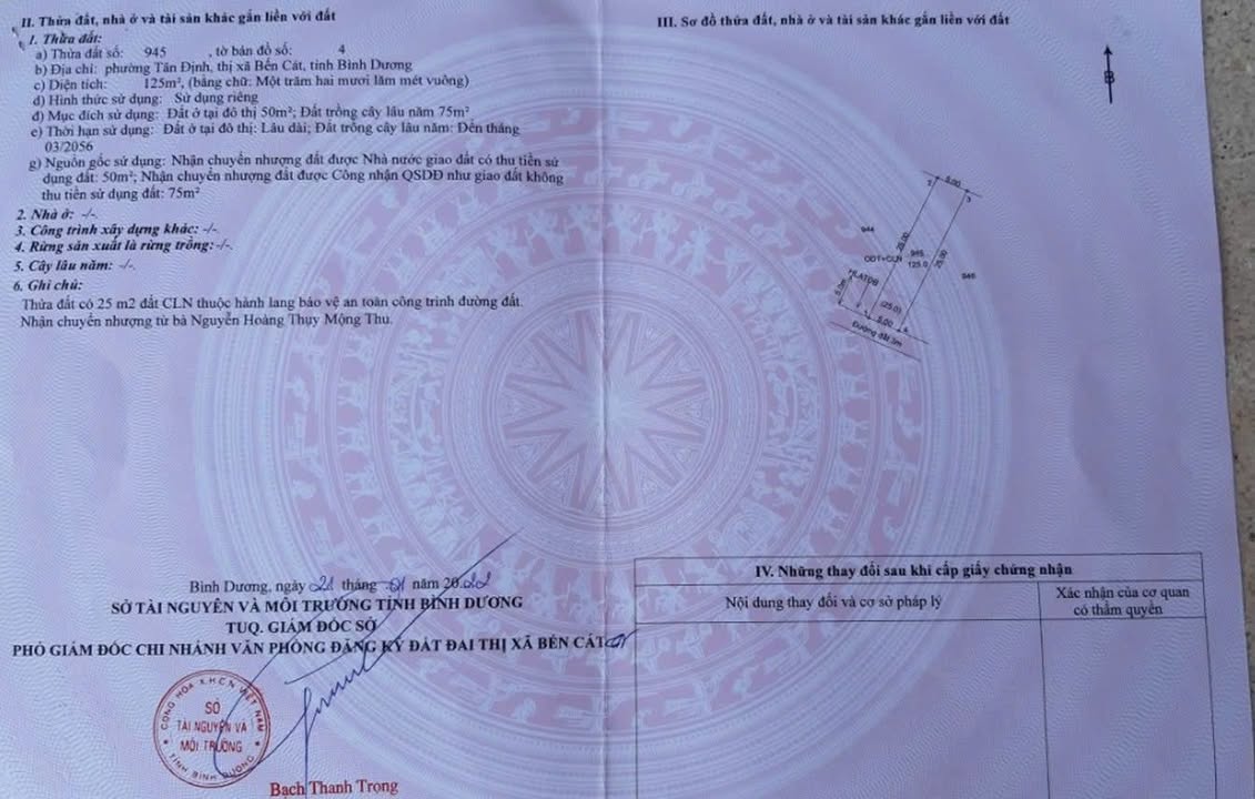 Đất nền Phường Tân Định, Bến Cát 125m² giá 1 tỷ - Đường thông thoáng, có GPXD