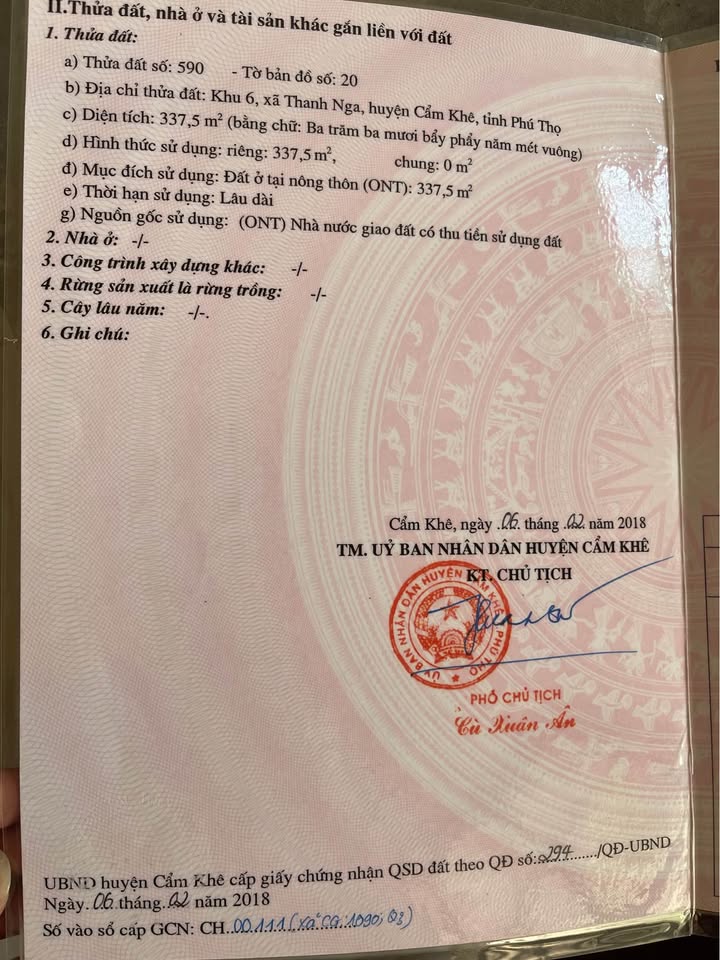 Đất thổ cư 337m² tại thị trấn Cẩm Khê - Giá chỉ 2 tỷ VND, cơ hội đầu tư hấp dẫn!