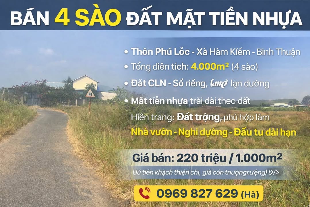 Đất Farm 4 Sào Mặt Tiền Nhựa Xã Hàm Kiệm 880 triệu - Cơ hội đầu tư lý tưởng!