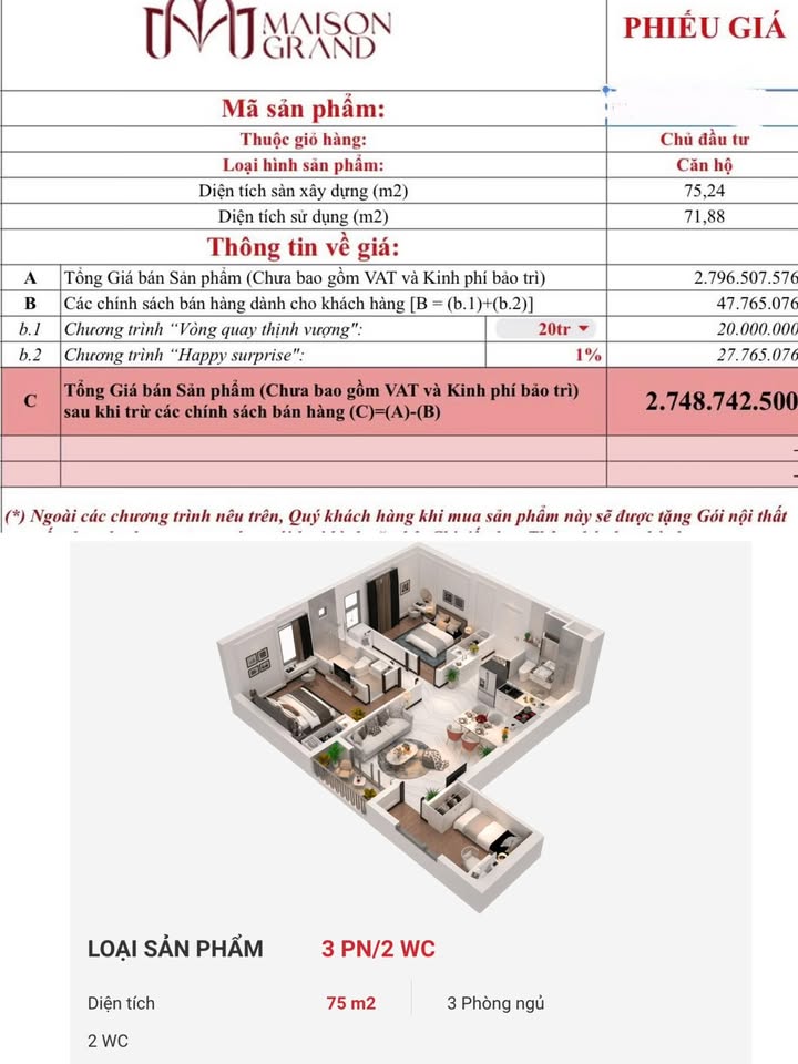 Căn hộ 3 phòng ngủ Maison Grand Phú Mỹ 75m² giá 2.7 tỷ - Đầu tư sinh lời hấp dẫn!