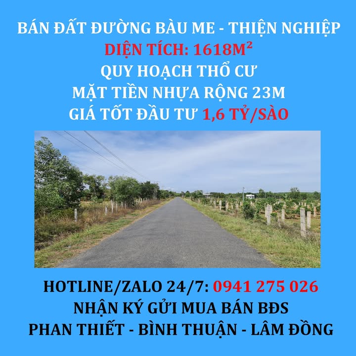 Đất nền 1618m² mặt tiền đường Bàu Me Thiện Nghiệp giá 6.472 triệu - Cơ hội đầu tư tuyệt vời!