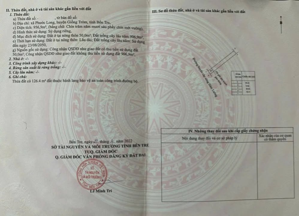 Đất mặt tiền 957m² tại xã Phước Long, huyện Giồng Trôm, giá chỉ 1.3 tỷ - Đầu tư sinh lời!