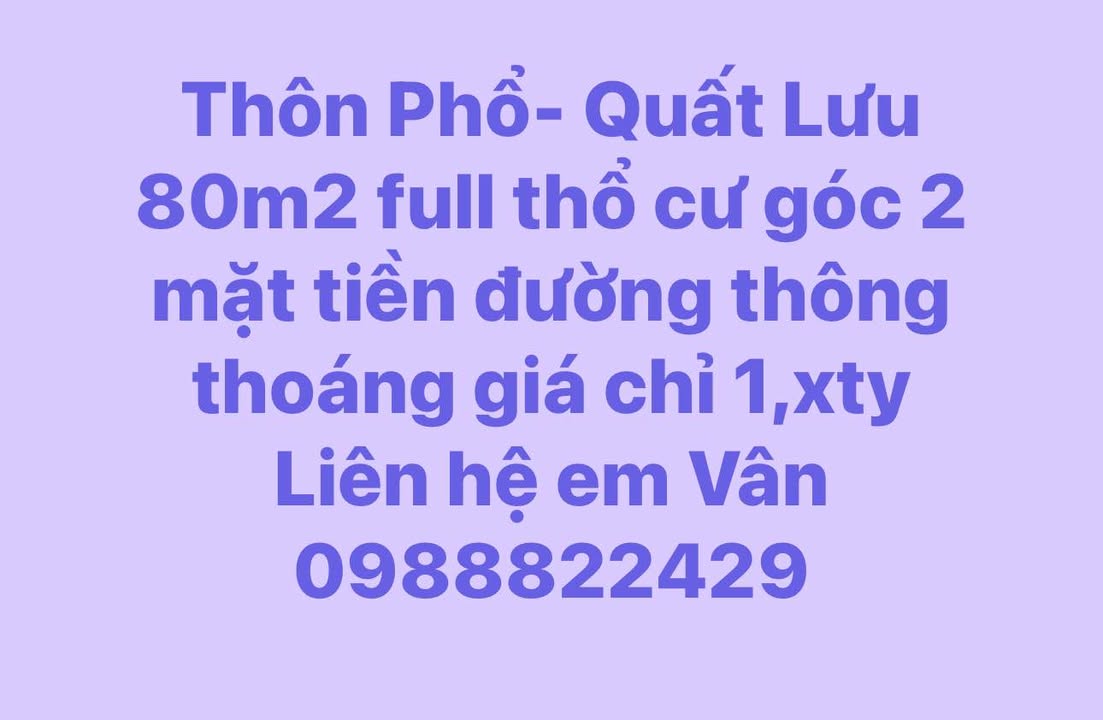 Đất thổ cư góc 2 mặt tiền Thôn Phổ, Xã Quất Lưu 80m² giá 1.6 tỷ - Cơ hội đầu tư tuyệt vời!
