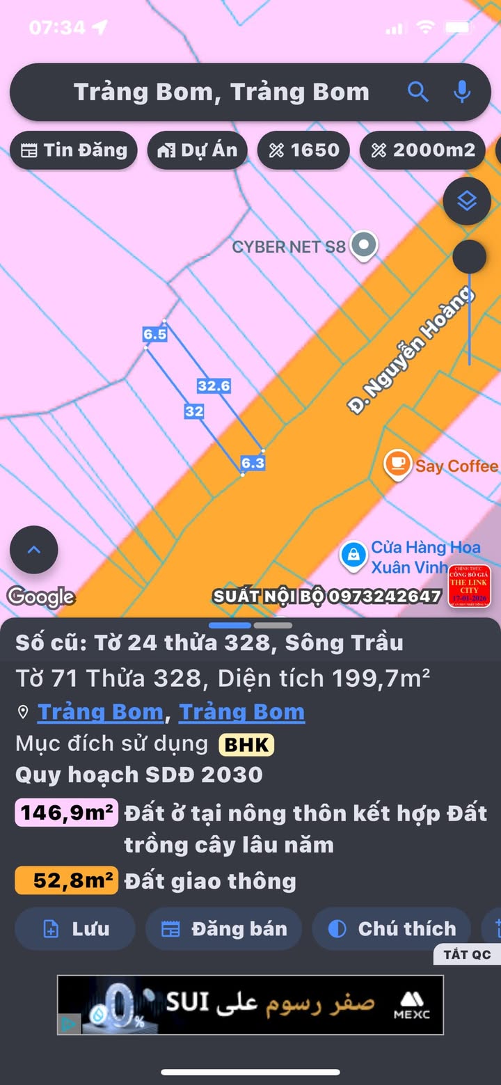 Đất mặt tiền Nguyễn Hoàng, Sông Trầu 192m² giá 1.6 tỷ - Đầu tư sinh lời ngay!