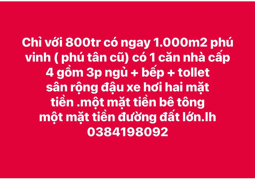 Đất nền Xã Phú Vinh 1000m² giá 800 triệu - Sổ hồng chính chủ, thương lượng