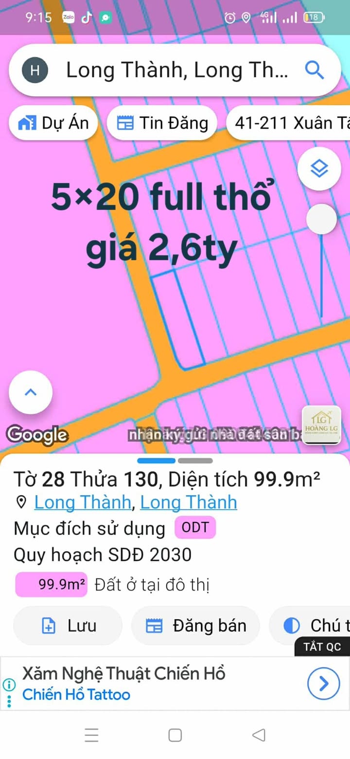 Đất thổ cư xã Long Thành 100m² giá 2.599 tỷ - Lô góc 2 mặt tiền đẹp