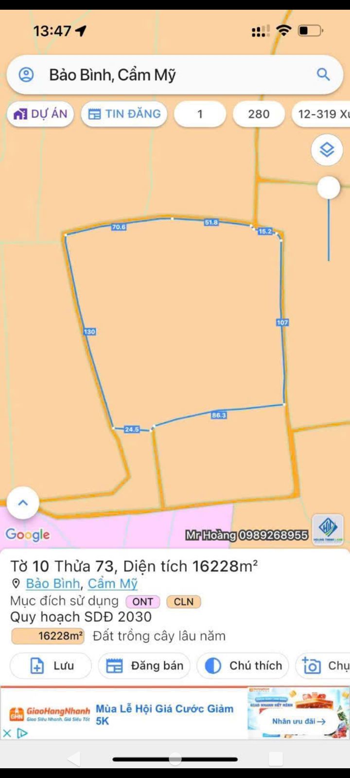 Đất nền 1,6 mẫu tại Bảo Bình, Cẩm Mỹ, Đồng Nai - Giá chỉ 2.592 tỷ