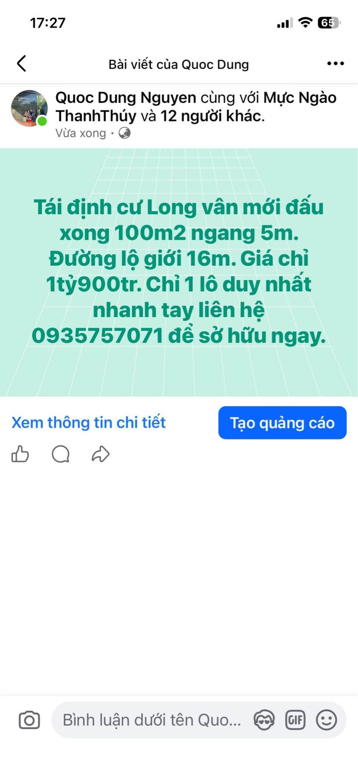 Đất nền Tái định cư Long Vân, Quy Nhơn 100m² giá 1.9 tỷ - Cơ hội sở hữu lô đất duy nhất!
