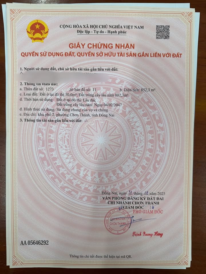 Đất nền thổ cư 850m² tại Chơn Thành - Giá chỉ 8xx triệu - Đầu tư sinh lời ngay!