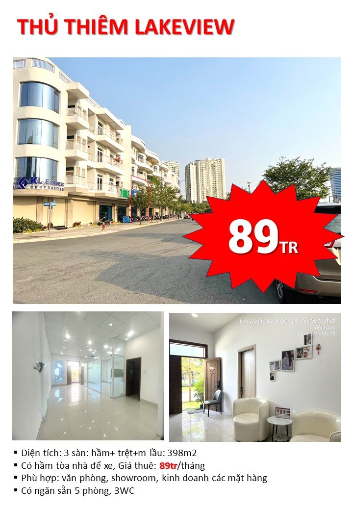 Shophouse cho thuê tại Thủ Thiêm LakeView 398m² giá 89 triệu - Cơ hội kinh doanh lý tưởng!