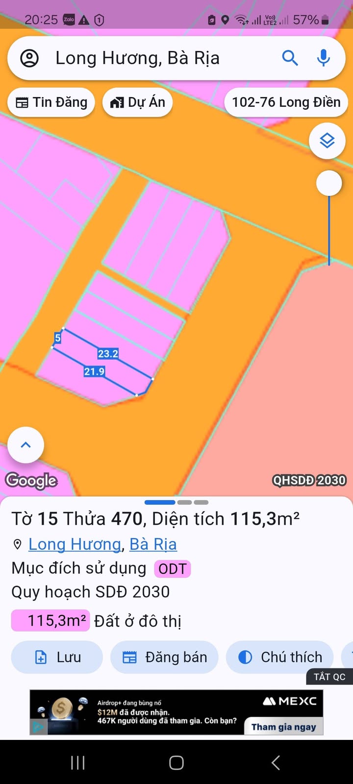 Đất thổ cư 115m² tại Phường Long Hương, Bà Rịa giá 3.1 tỷ - Sổ đỏ chính chủ!