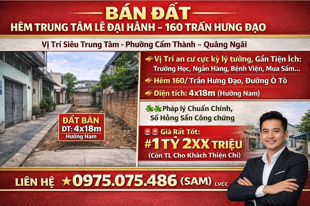 Đất Hẻm Trần Hưng Đạo, Quảng Ngãi 72m² giá 1.2 tỷ - Vị trí siêu trung tâm!