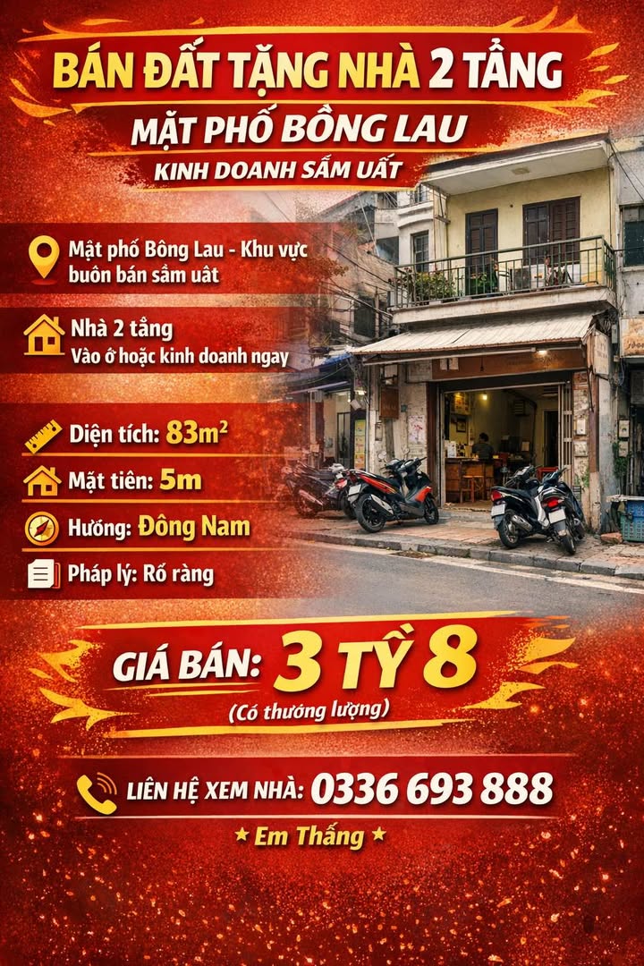 Bán đất tặng nhà 2 tầng mặt phố Bông Lau 83m² giá 3.8 tỷ - Kinh doanh sầm uất ngay!