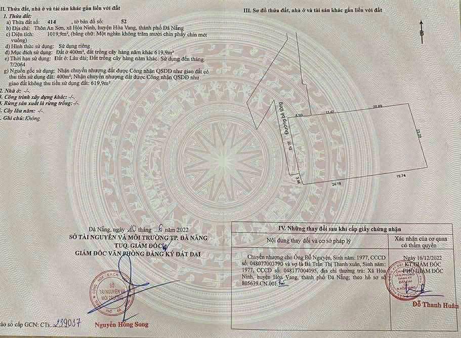 Đất Hòa Ninh Hòa Vang 1.019,9m² giá 5 tỷ - Tiềm năng đầu tư lớn!