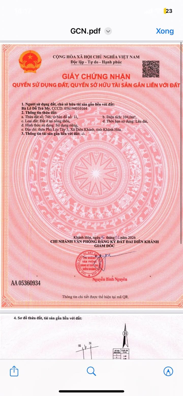 Đất thổ cư Diên Khánh 104m² giá 1.27 tỷ - Vị trí thuận lợi gần sông