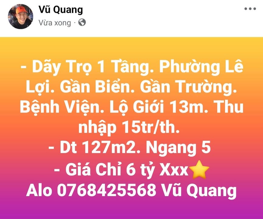 Dãy Trọ 1 Tầng Phường Lê Lợi 127m² giá 6 tỷ - Đầu tư sinh lời ngay!