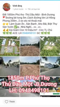 Đất nền 1850m² Phú Thọ - Thủ Dầu Một - Bình Dương giá 7,5 triệu/m² - Đầu tư lý tưởng!