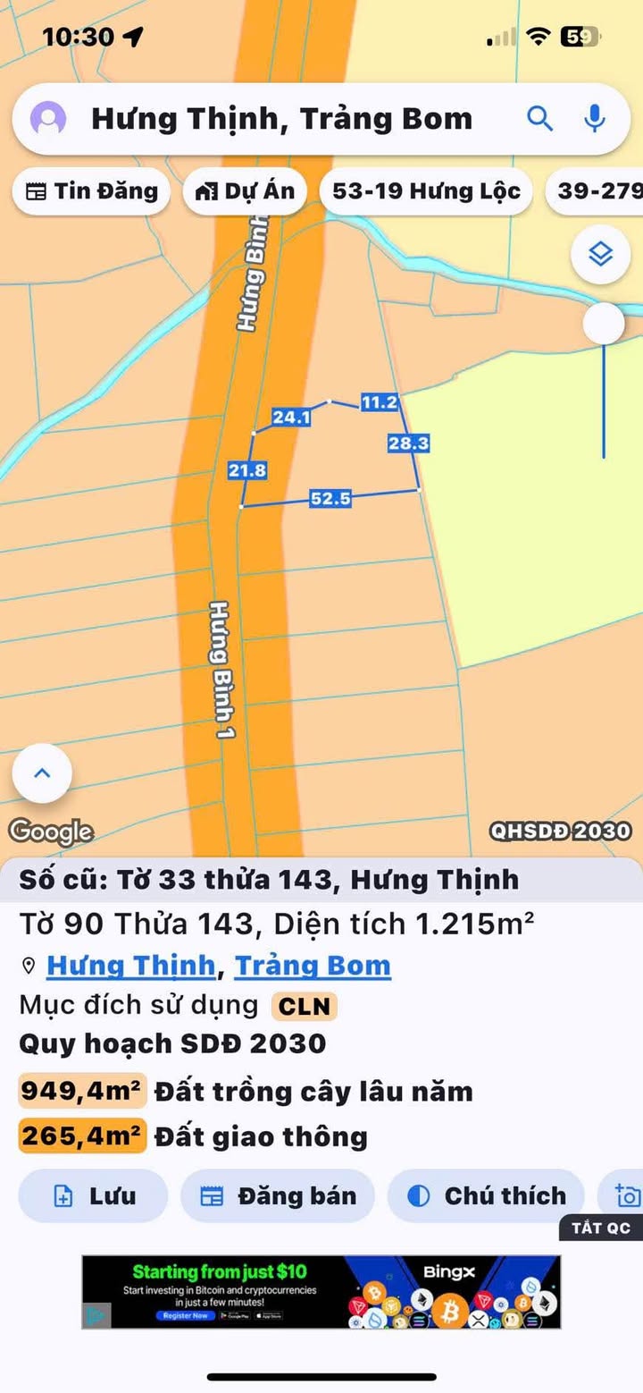 Đất nền 1215m² xã Hưng Thịnh, huyện Trảng Bom giá 2.6 tỷ - Cơ hội đầu tư hấp dẫn!