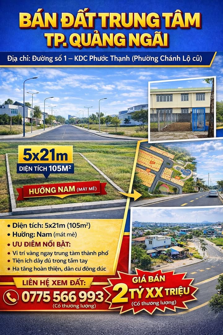 Đất nền KDC Phước Thạnh, TP. Quảng Ngãi 105m² giá 2 tỷ - Vị trí vàng ngay trung tâm!