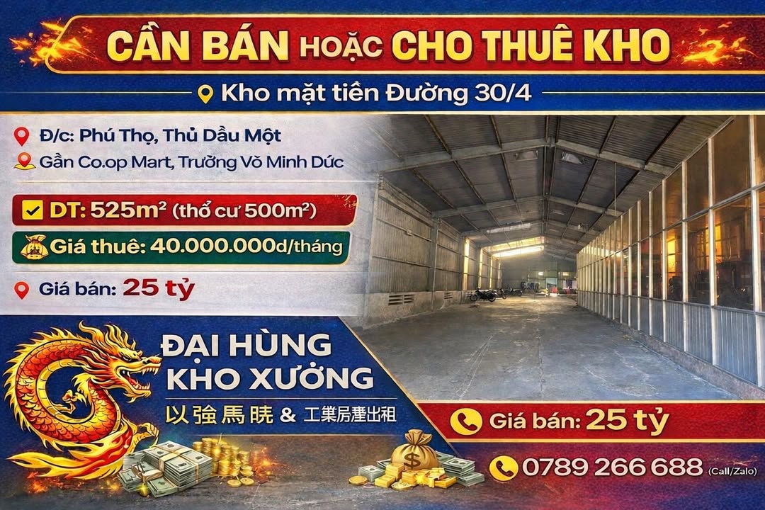 Kho mặt tiền đường 30/4, Thủ Dầu Một 525m² - Đầu tư sinh lời ngay!