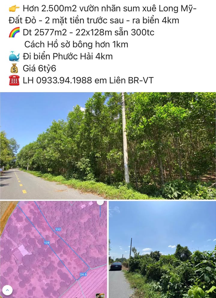 Farm Long Mỹ Đất Đỏ 2577m² giá 6.6 tỷ - Đất 2 mặt tiền, gần biển Phước Hải!