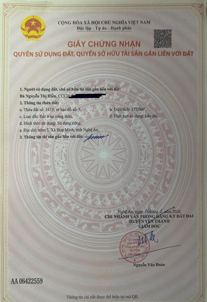 Đất thổ cư Xóm 5, xã Hợp Minh, 177m² - Sổ đỏ chính chủ, vị trí đẹp!