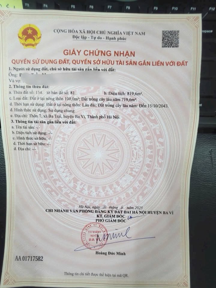 Đất thổ cư 819m² tại Thôn 7, Xã Tản Lĩnh - Lô góc, giá 6 tỷ thuận lợi đầu tư!