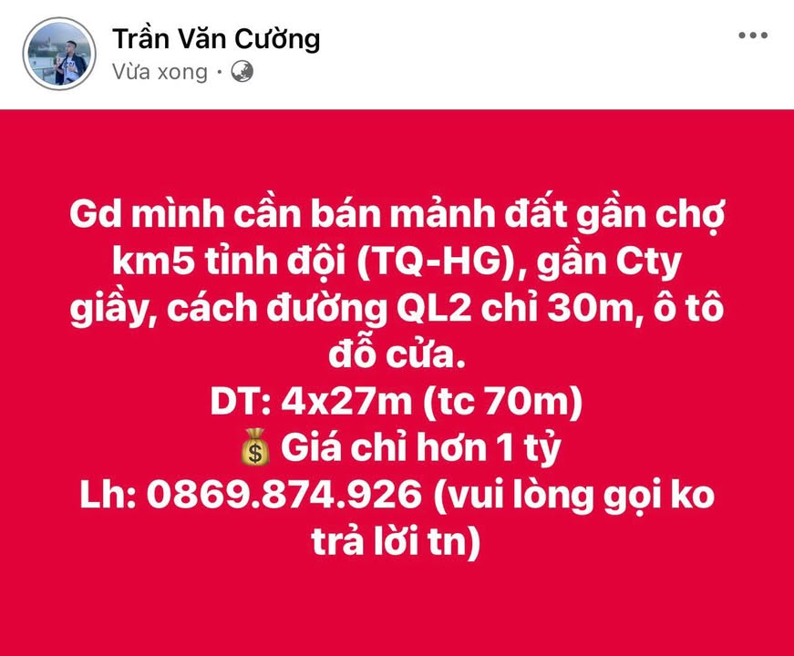 Đất nền Tuyên Quang 108m² giá 1 tỷ - Ô tô đỗ cửa, gần chợ KM5!