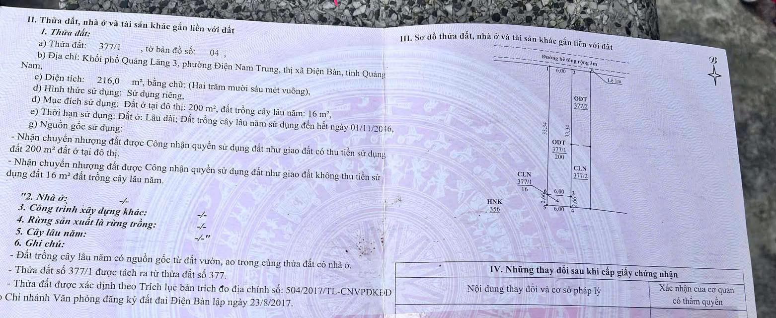 Đất Trục Chính Phường Điện Bàn Đông 216m² giá 2.2 tỷ - Đối diện Uỷ ban phường