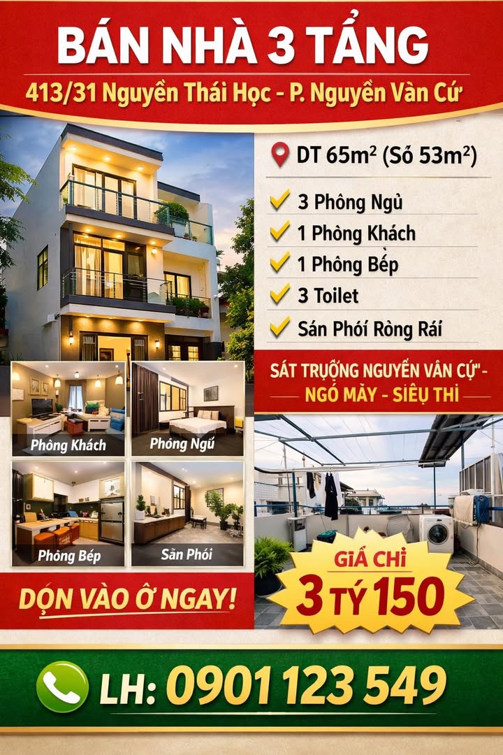 Nhà phố 3 tầng 413/31 Nguyễn Thái Học 53m² giá 3.15 tỷ - Dọn vào ở ngay!