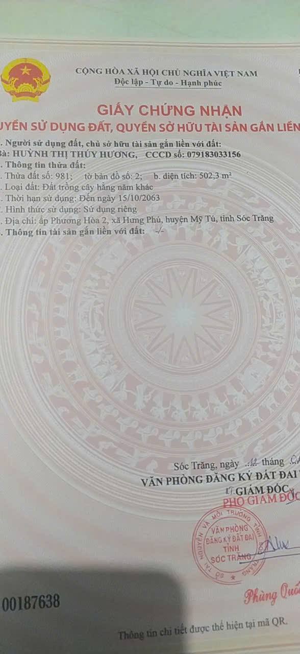 Đất nền Hưng Phú, Mỹ Tú 504m² giá 560 triệu - Sổ hồng chính chủ sẵn sàng!