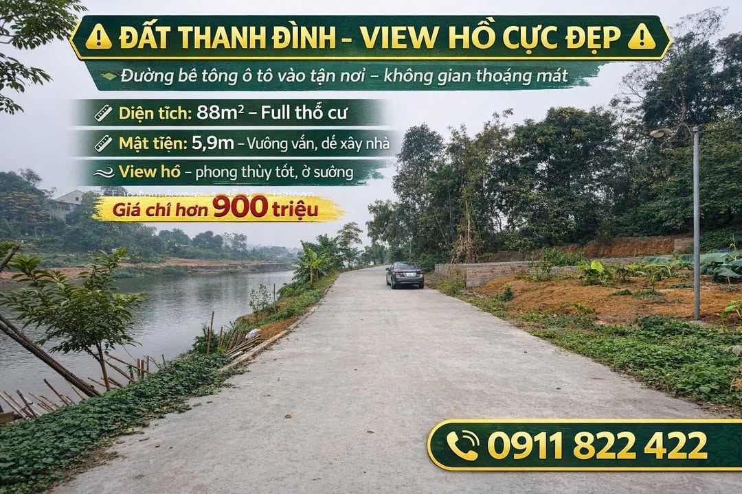 Đất thổ cư Xã Thanh Đình 88m² giá 900 triệu - View hồ phong thủy tuyệt đẹp!