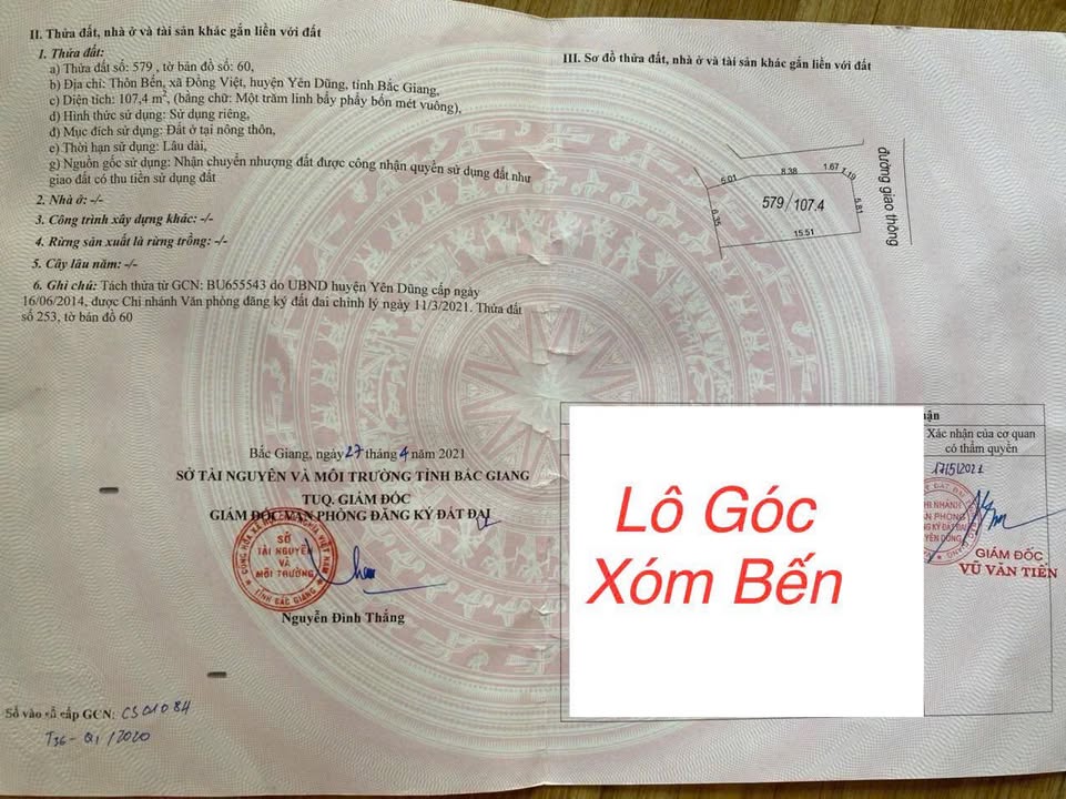 Đất nền thổ cư 107m² tại Xã Đồng Việt, Huyện Yên Dũng - Lô góc hai mặt tiền, giá tốt!