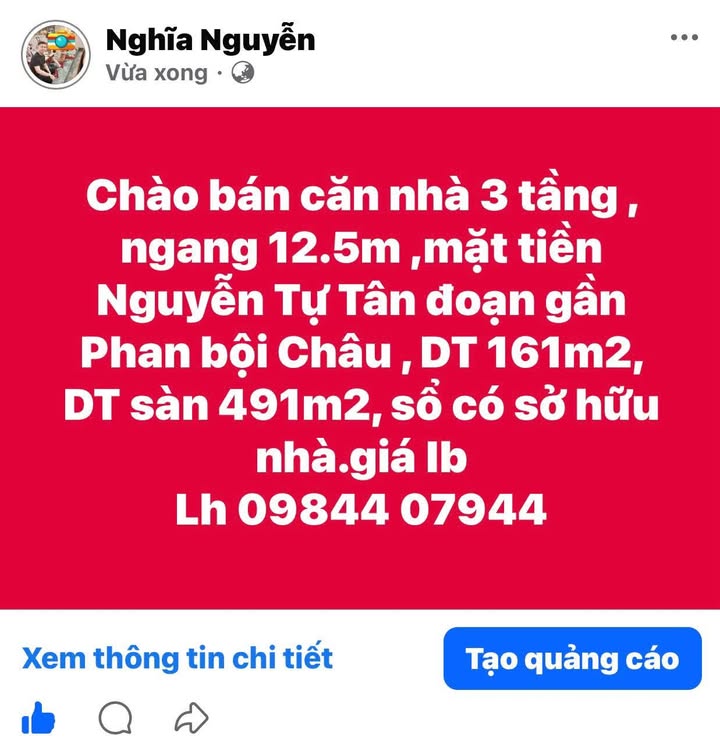 Nhà phố 3 tầng mặt tiền Nguyễn Tự Tân 161m² - Sổ đỏ chính chủ, giá thỏa thuận!