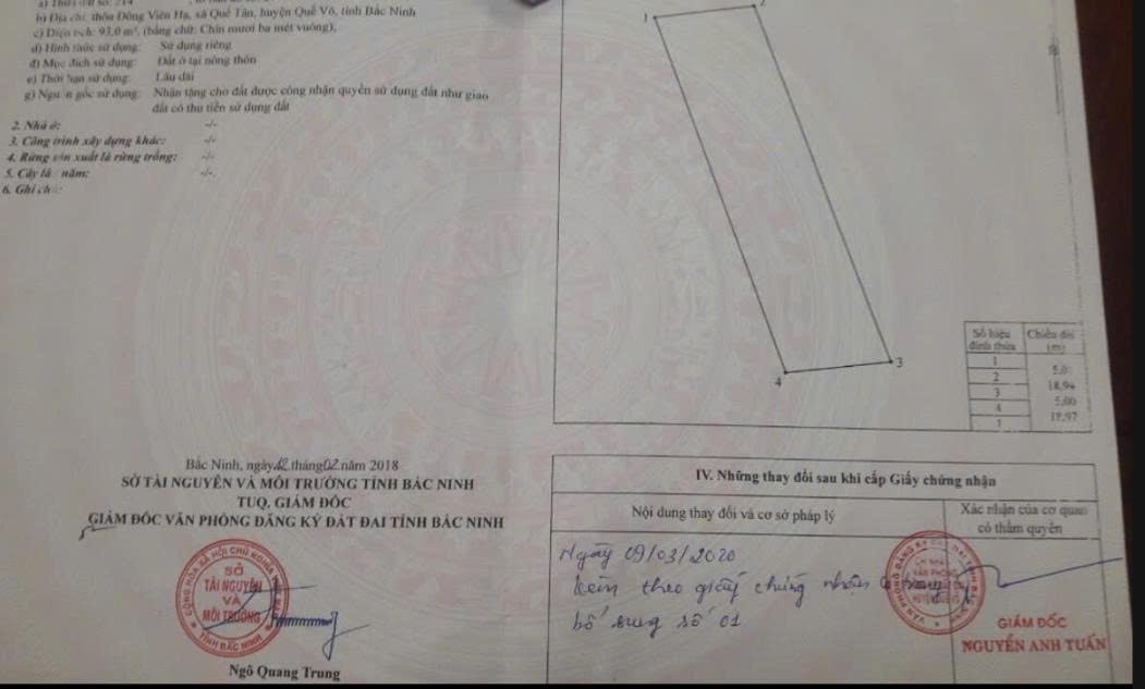 Đất nền chính chủ Quế Tân - Quế Võ - Bắc Ninh 93m² - Vị trí đẹp, dễ xây dựng!