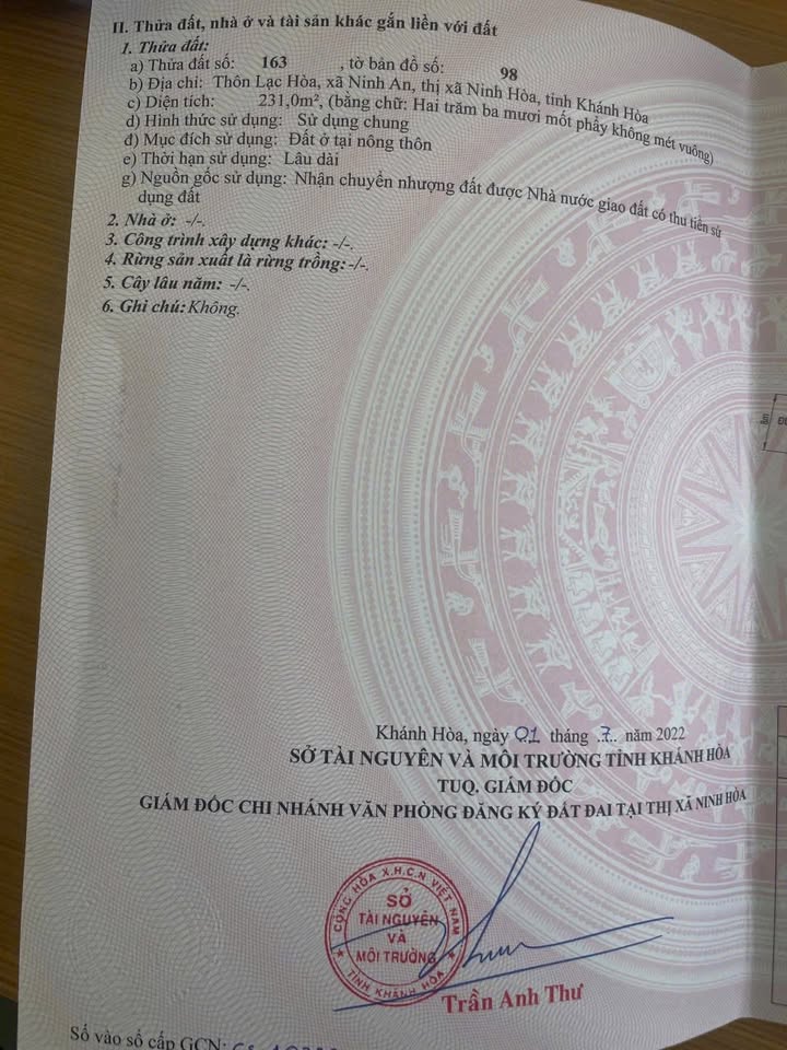 Đất thổ cư Lạc Hòa Ninh An 232m² giá 650 triệu - Cần tiền trước Tết!