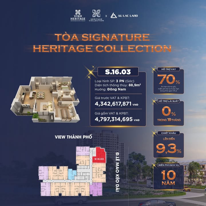 Căn hộ 3PN Tòa Signature Vinh Heritage 88,9m² giá 4,7 tỷ - Hỗ trợ vay 70%!